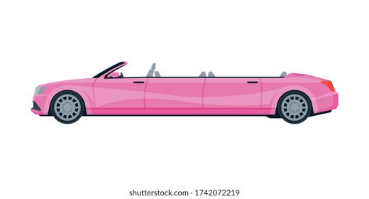 Retro Pink Limousine Car, Elegant Premium Luxurious Limo Vehicle, Side View Flat Vector Illustration