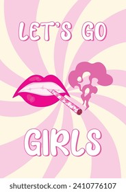 Los labios rosados retro con un cigarrillo o una articulación con ornamento sobre fondo estético de rayo espiral. Vamos a imprimir la frase de moda de chica. Juntas de marihuana con hierba de cannabis. Afiche de Style y2k.