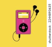 Retro Pink MP3 player and yellow display with Headphones and yellow background. Portable music device with earphones. Flat vector design.