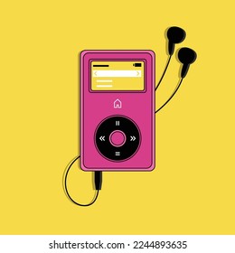 Retro Pink MP3 player and yellow display with Headphones and yellow background. Portable music device with earphones. Flat vector design.