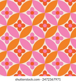 Retro pink and orange flowers on mid century circles seamless. For home decor, textile and fabric.