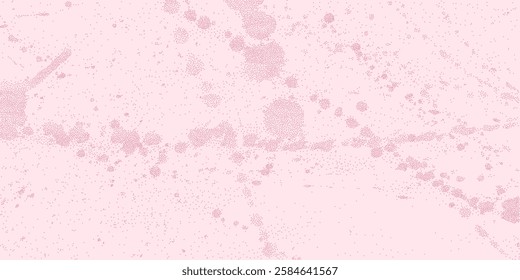 Retro pink pastel background with gritty halftone dots, ink stains, splashes and realistic spray paint drip effects, stipple