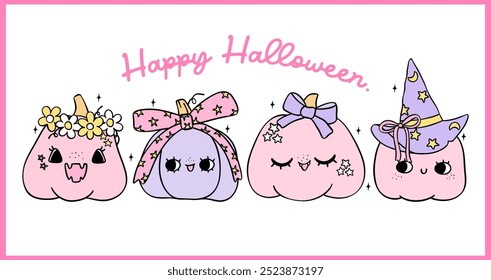 Retro Pink Pastel Halloween Pumpkins banner purple Coquette Spooky Cute Cartoon doodle drawing t shirt printable design