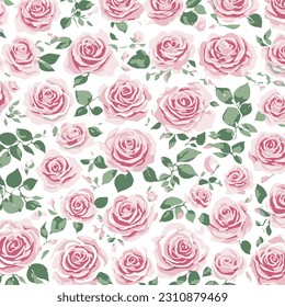 retro pink Rose with leaves for textile seamless pattern on white background.
