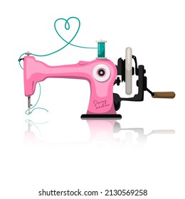 Retro pink sewing machine with heart thread isolated on white background - vector