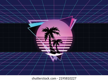 Retro with pink sun and coconut trees