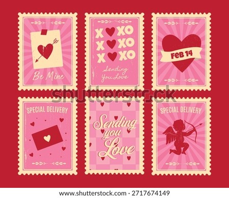 Retro pink Valentine's Day postage stamp set with cupid silhouette and 