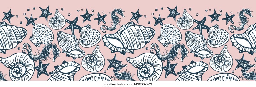Retro pink, white and navy vector seahorse, starfish and seashell horizontal border