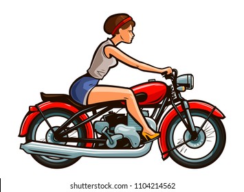 Retro pin-up girl riding on a motorcycle. Cartoon vector illustration