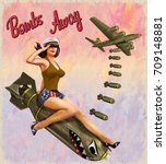 Retro pin-up girl sitting on the bomb.
