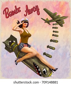 Retro pin-up girl sitting on the bomb.
