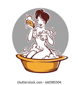 retro pinup lady taking a bath, vector illustration