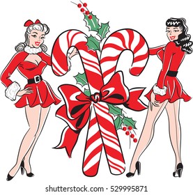 Retro Pinup Santa's Helpers with Christmas Candy Cane