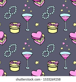 Retro Pinup Seamless Wallpaper. Love pattern with stars, gifts, pearl and martini.