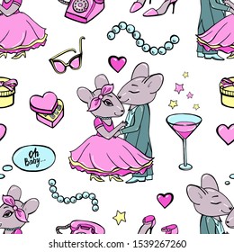Retro Pinup Seamless Wallpaper. Love pattern with stars, gifts, pearl and martini.