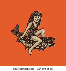 Retro Pin-Up Woman Riding Fish, Vintage Fishing Illustration, Whimsical Tackle Art