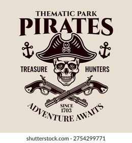 Retro pirate skull badge with captain hat and crossed pistols. Engraved monochrome vector emblem suitable for amusement parks, pirate shows and nautical branding