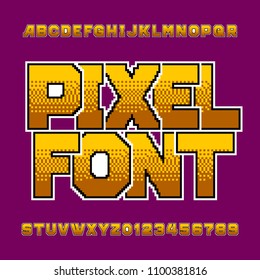 Retro pixel alphabet font. Bright digital gradient letters and numbers. 80s arcade video game typeface.