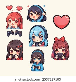 retro pixel anime kawaii live streamer  video game vtuber girl mascot character mascot avatar sticker set.