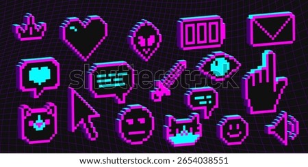 Retro pixel art 3d emoticon set - neon purple digital communication icons with glowing effect. Gaming style social media elements, chat symbols, reactions for ui design. Cyberpunk aesthetic interface