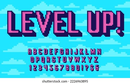 Retro pixel art 3D font. 8 bit typography alphabet, extruded letters and pixelated numbers old arcade game style vector set. Lating language abc in technological computer style. Uppercase elements