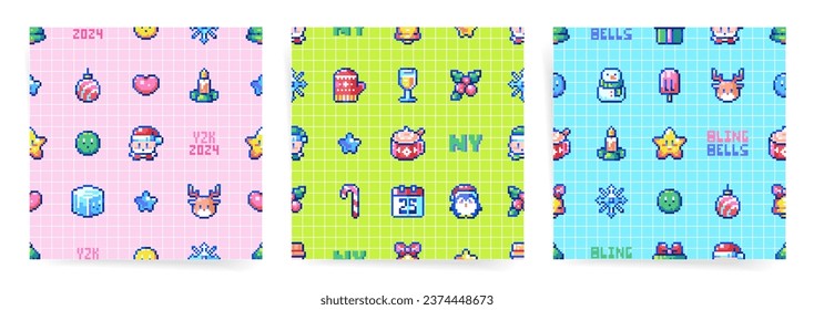 Retro Pixel Art 8 Bits Estilo Seamless Christmas Patterns Collection. 