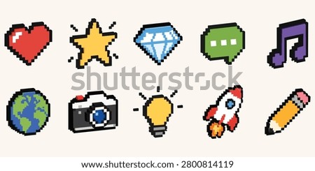 Retro pixel art 8bit icon set with heart star diamond chat music globe camera lightbulb rocket pencil flat game style vector illustration collection