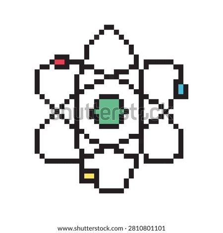Retro pixel art atom symbol with green nucleus and colorful electrons on orbits. 8-bit style outline science sign isolated on white background.