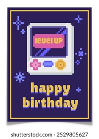 Retro pixel art birthday postcard. Vintage 8 bit greeting card with game console. 90s arcade video game concept. Level up text. Handheld game boy. Purple background. Vector illustration.