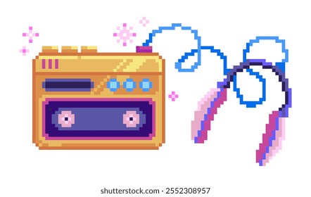 Reproductor de casete retro del arte del pixel con los auriculares.