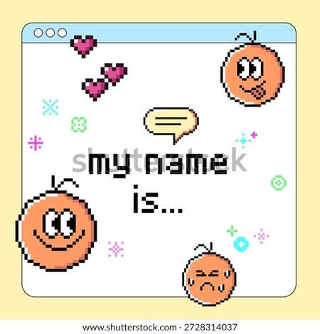 Retro pixel art characters in web browser window for introduction and identity