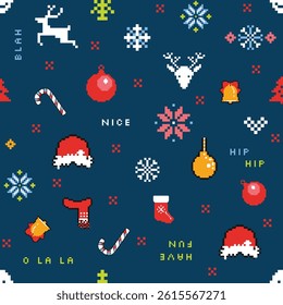 Retro Pixel Art Christmas Icons Seamless Pattern for Textiles Print on Fabric