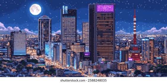 Retro pixel art cityscape at night with moonlit sky