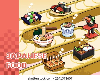 Retro pixel art of classic Japanese appetizers on rotating conveyor belt, including sushi, dango, ramen, chawanmushi, temaki, bento and takoyaki