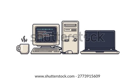 Retro pixel art computer setup featuring a CRT monitor with code, desktop tower, keyboard, mouse, and coffee cup on a white background.