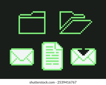 Retro Pixel Art Document and Mail Icons Set. Y2k computer interface. 8 bit PC vintage acid green design elements. Folder directory, mail envelope and document isolated flat icons. Vector illustration.