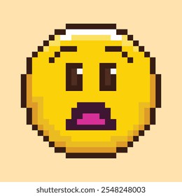 Retro pixel art emoji icon expressing surprise or shock. Bright yellow circle face with wide eyes, raised eyebrows and open mouth. Funny 8 bit flat style confused emoticon. Vector illustration.