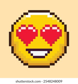 Retro pixel art emoji in love. Bright yellow circle face with heart-shaped eyes and smile. Funny 8 bit flat style enamored emoticon. Vintage social media messenger icon. Isolated vector illustration.