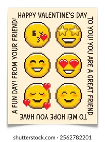 Retro Pixel Art Emoticon Valentine Day Card Design. 8 bit holiday postcard design. Handwritten text frame. Cute emoji icons. Yellow blush faces with romantic hearts. Vector illustration