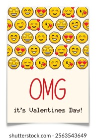 Retro Pixel Art Emoticon Valentine Day Card Design. 8 bit holiday postcard design. Handwritten text. Cute emoji icons pattern. Pixelated typography. Yellow blush faces with hearts. Vector illustration