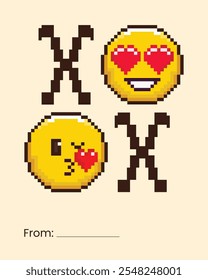 Retro Pixel Art Emoticon Valentines Day Greeting Card (em inglês). Modelo de cartão-postal imprimível com ícones emojis adoráveis bonitos. Rosto piscando em círculo amarelo brilhante com olhos em forma de coração. Ilustração vetorial.