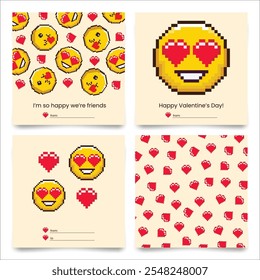 Conjunto de tarjeta de felicitación de San Valentín Emoticon retro Pixel Art. colección de Plantilla de postales de 8 bits con lindos iconos de emoji encantadores. Círculo amarillo brillante guiñando la cara sonriente con corazones. Ilustración vectorial.