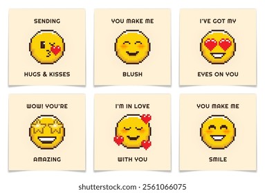 Retro Pixel Art Emoticon Valentines Day Greeting Cards Set. 8 bit holiday postcards template collection. Cute lovely emoji icons. Yellow smiley blush faces with romantic hearts. Vector illustration.