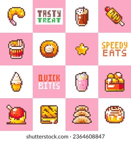 Retro Pixel Art Retro La Comida Rápida Patrones Sin Maravilla. Fideos de 8 bits, nuggets, perros calientes, Gyoza y más. Comida y tentempiés con fondo de vectores texturados.