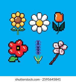 Retro Pixel Art Flower Pack with Colorful 8-Bit Style Icons