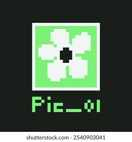 Retro Pixel Art Flower Picture Screen Icon. Y2k computer user interface. Vintage acid green pc image document design. File name and preview photo. 8 bit video game. Vector illustration.