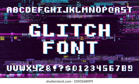 Retro pixel art font on display with tv noise glitch effect. Computer game vector alphabet. Abc noise pixel glitch, vector font digital illustration