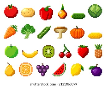 Retro pixel art food isolated icons with 8bit pixel fruits and vegetables. Vintage 8 bit console game asset, computer arcade vector items set with berries, mushroom, farm veggies and exotic fruits