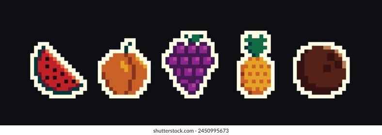 Retro pixel art food isolated icons with 8bit pixel fruits and vegetables. Vintage 8 bit console game asset, computer arcade vector items set with berries and exotic fruits