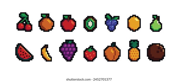 Iconos aislados de comida de arte de píxel retro con frutas y verduras de píxel de 8 bits. Antiguas 8 bit consola de juego activo, ordenador arcade de artículos de Vector conjunto con bayas y frutas exóticas